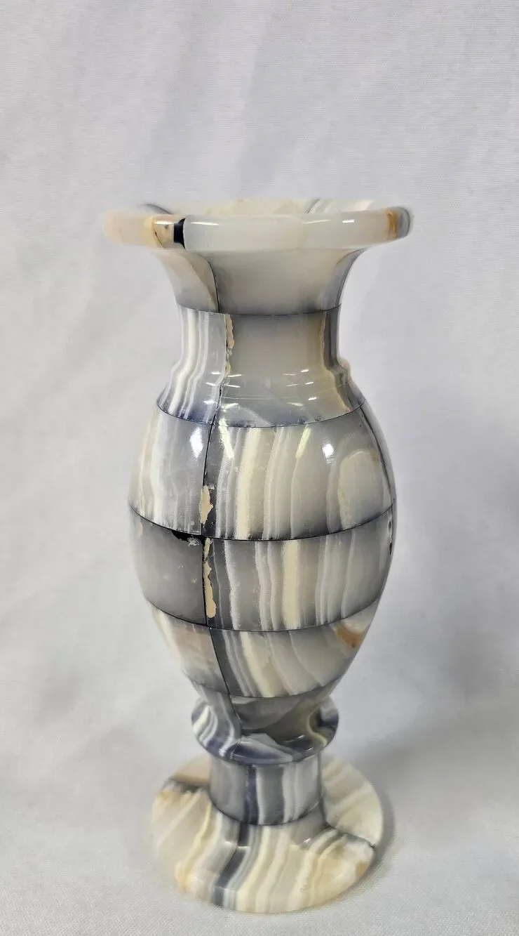Vintage Patchwork Onyx Marble Tulip Vase – Black, Gray, & Cream